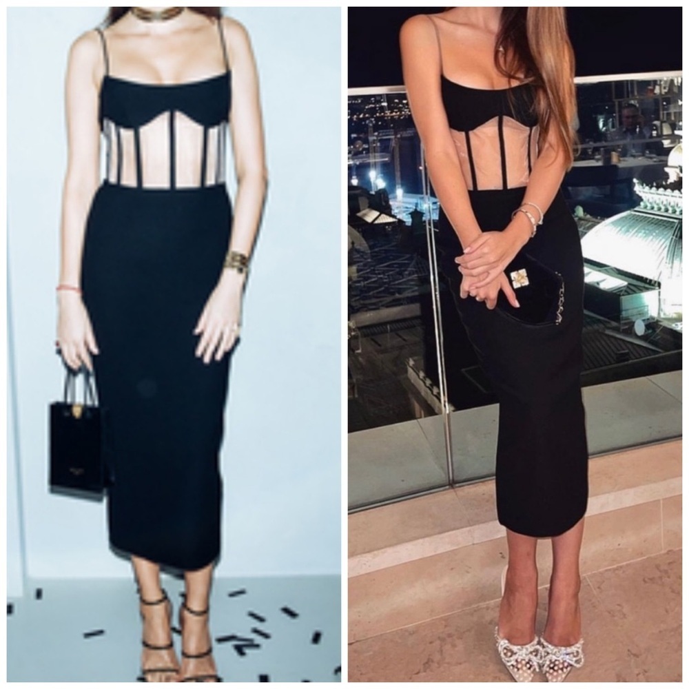 Rasario Bustier Basque Sheer Waist Midi Dress Black Cocktail Formal Evening